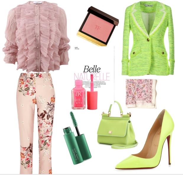 Outfit romantic in combinatie de roz pal si verde fistic